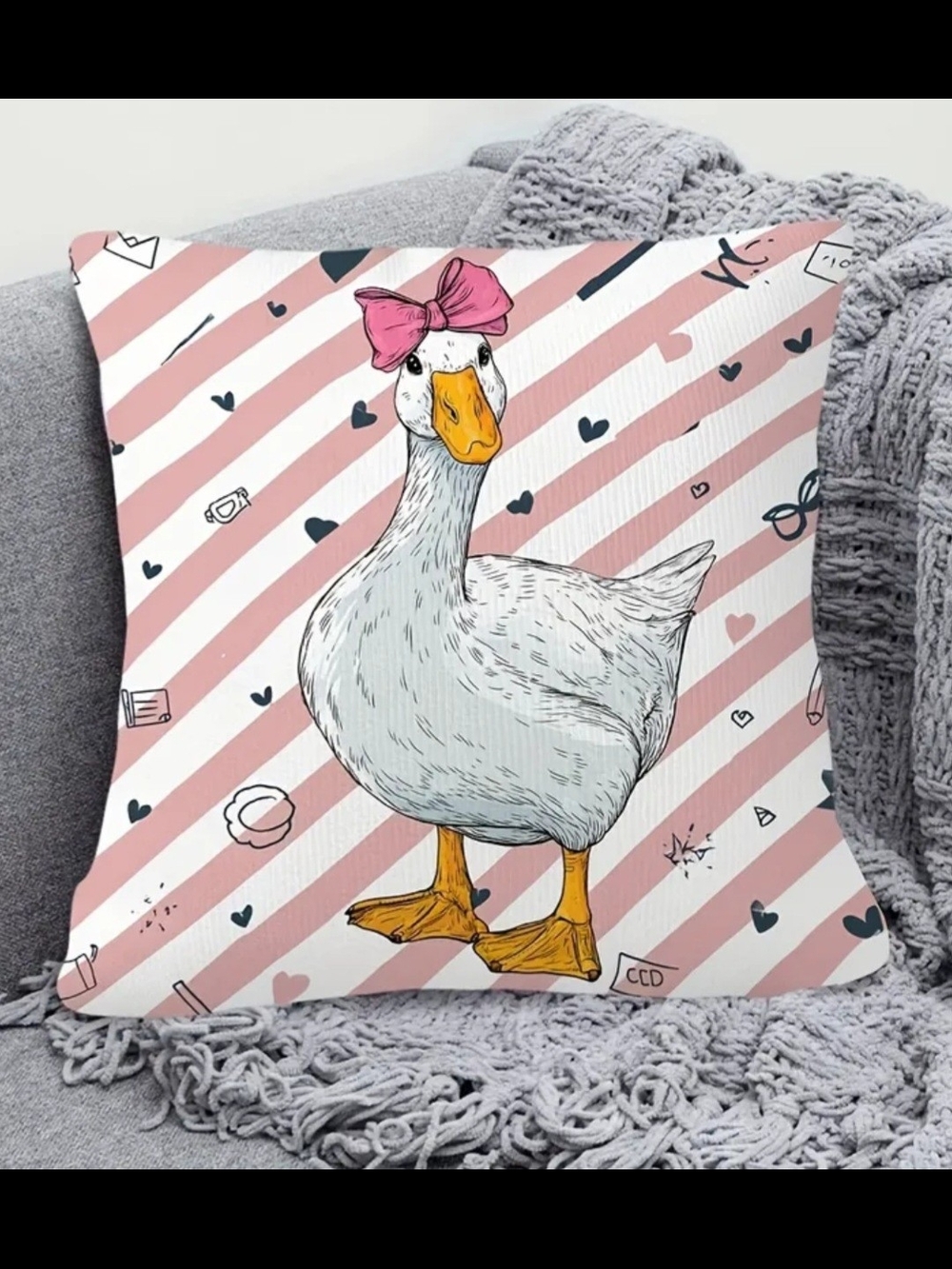 Cute Duck Throw Pillow - Pink Striped Accent